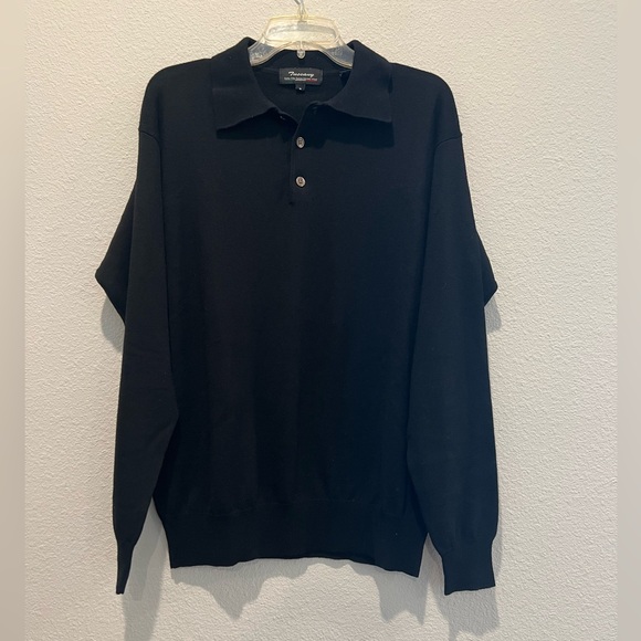 Tuscany Mens Merino Wool Black Sweater Polo Collar 2 Button Neck Size M Soft - Picture 2 of 5